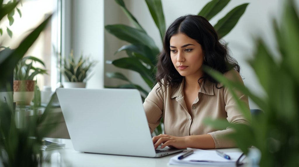 Mulher sentada usando um computador.Controle de gastos com organização financeira e métodos simples para economizar dinheiro no dia a dia.