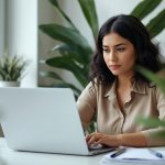 Mulher sentada usando um computador.Controle de gastos com organização financeira e métodos simples para economizar dinheiro no dia a dia.